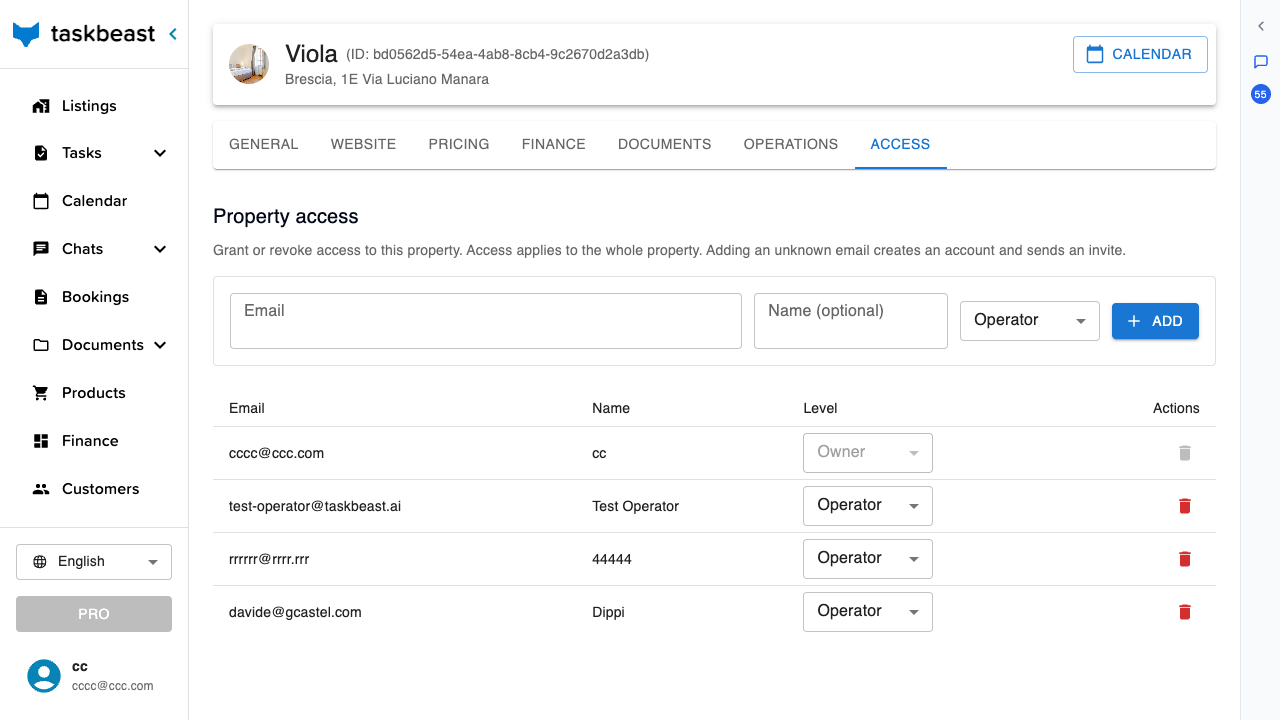 The Access tab with the add-member row and the table of members with their levels