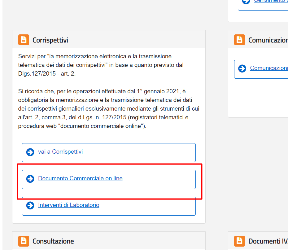Il riquadro Corrispettivi del portale Fatture e corrispettivi con la voce Documento commerciale on line evidenziata