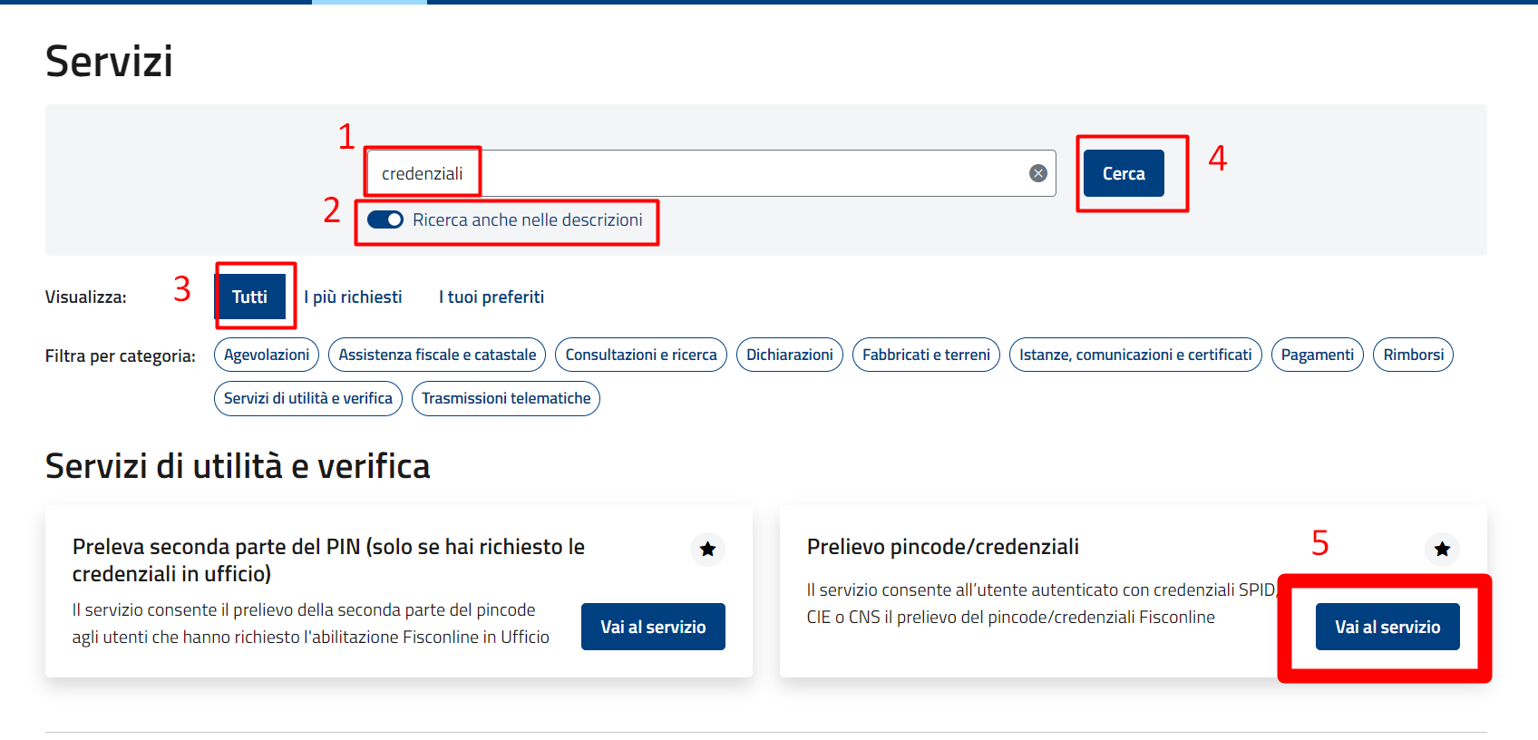 La pagina Servizi dell’Agenzia delle Entrate con la ricerca «credenziali» e il servizio Prelievo pincode/credenziali evidenziato