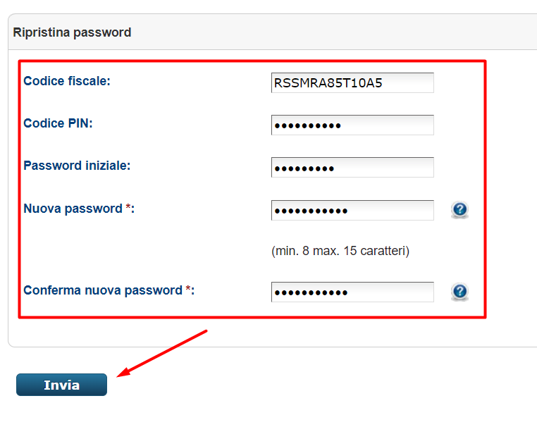 Il modulo Ripristina password di Fisconline con codice fiscale, codice PIN, password iniziale e nuova password