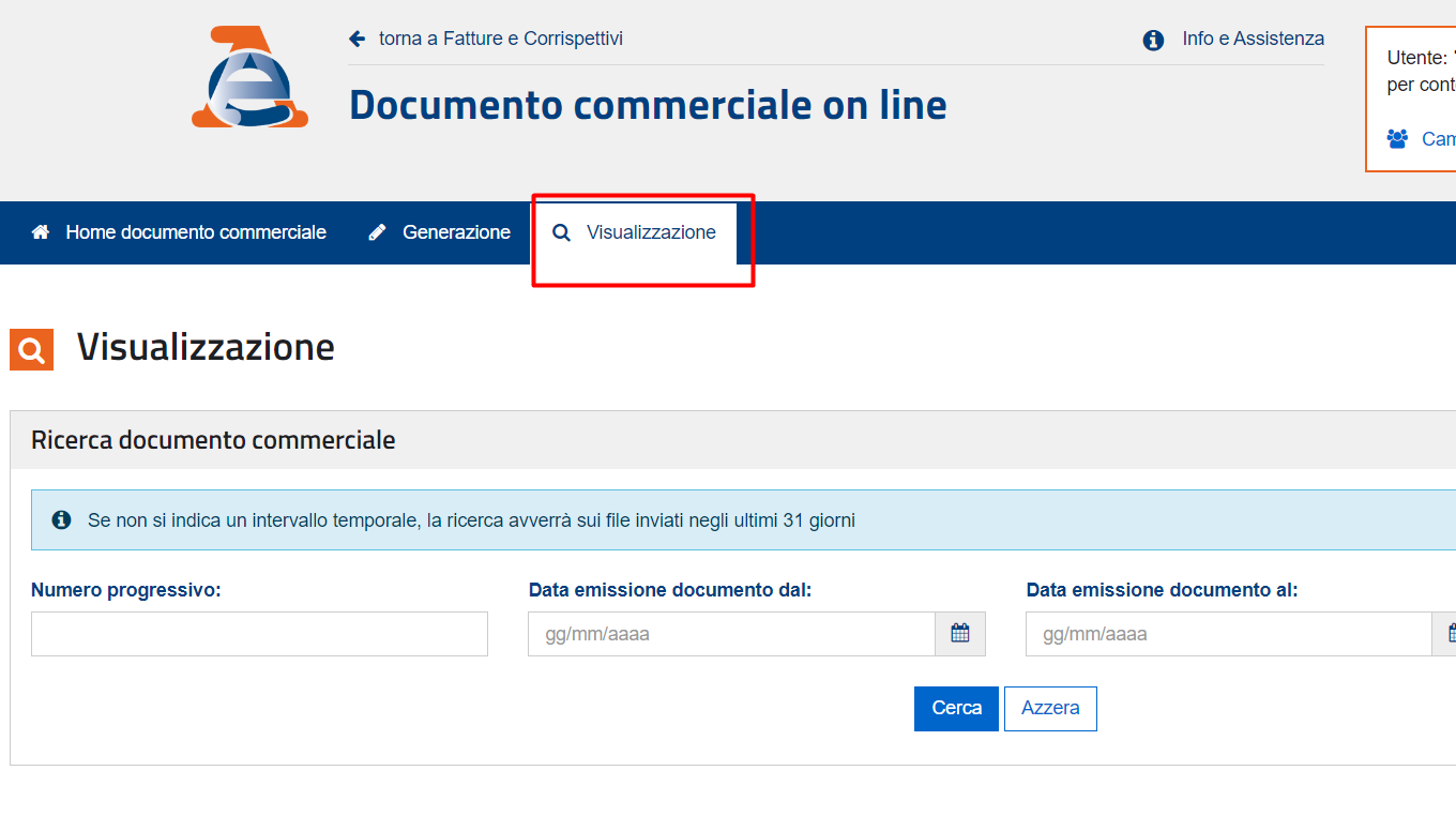 La scheda Visualizzazione del Documento commerciale on line con la ricerca per numero progressivo e date di emissione
