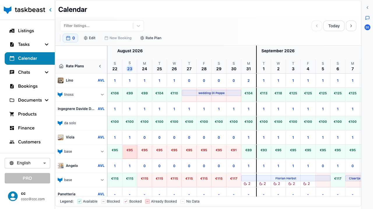 The calendar grid showing prices and availability per night for several listings, with bookings visible