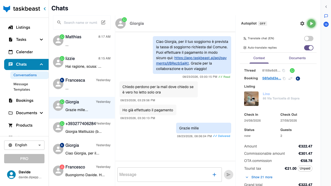 A conversation with the Autopilot pill, the on/off button and the settings gear at the top of the right sidebar