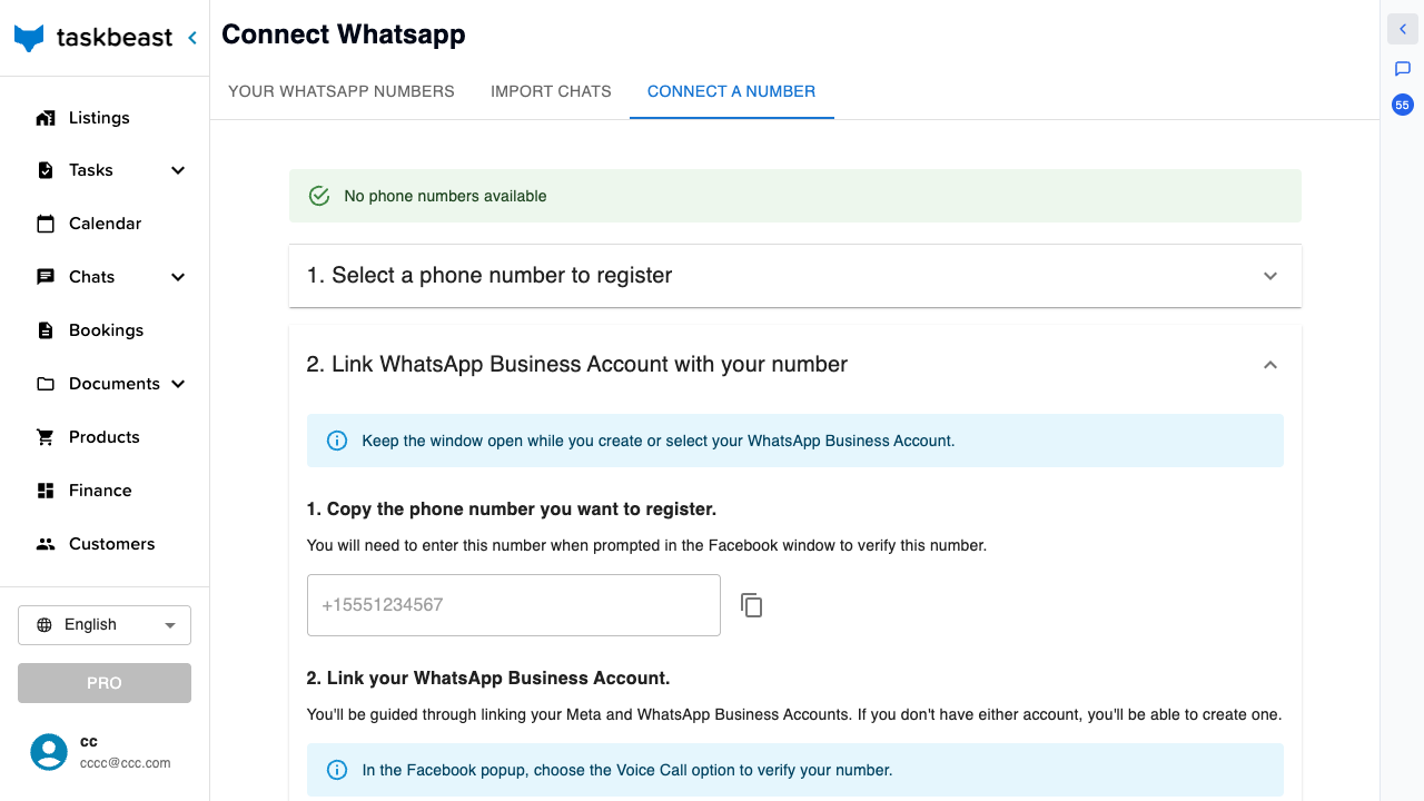 Step 2 of the Connect a number flow: copy the phone number and continue with Facebook to link the WhatsApp Business Account