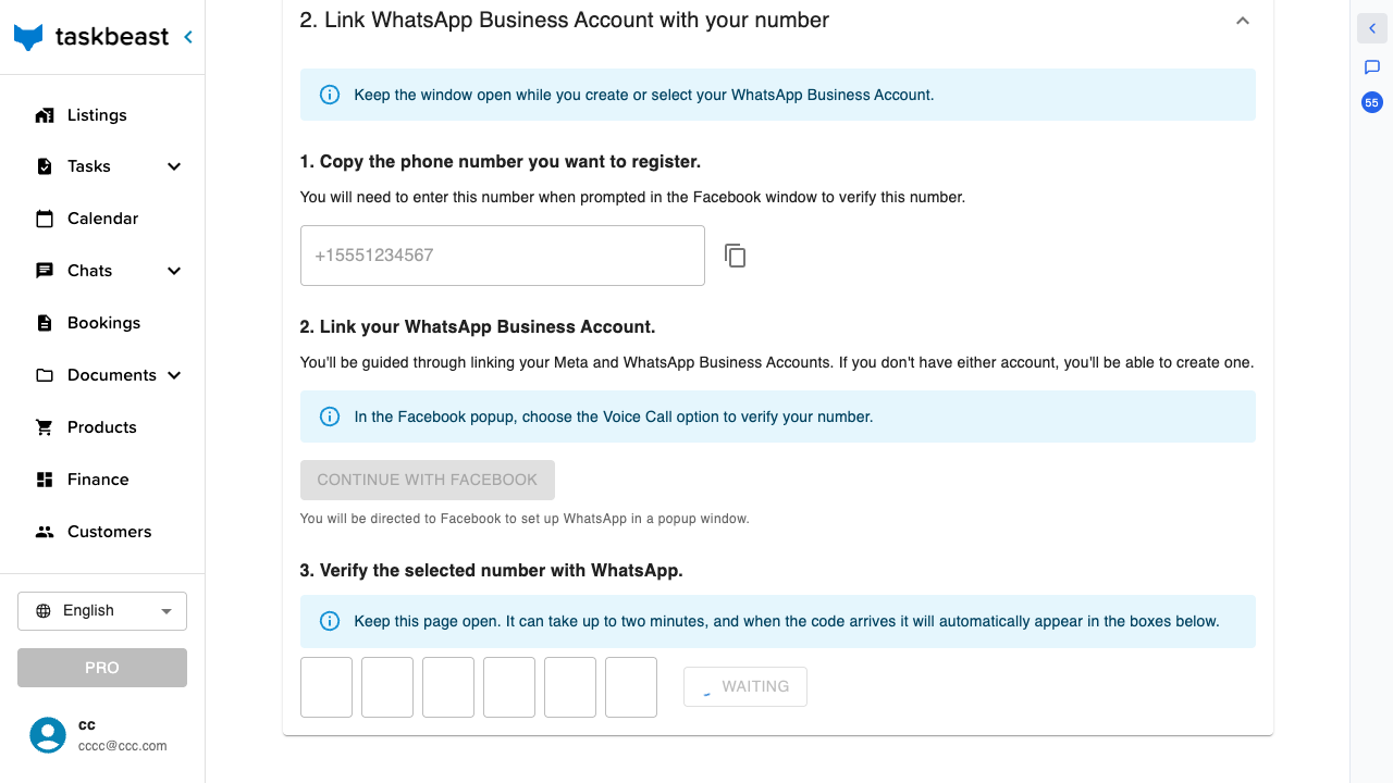 Step 3 of the Connect a number flow: the page waits for the WhatsApp verification code and fills it in automatically