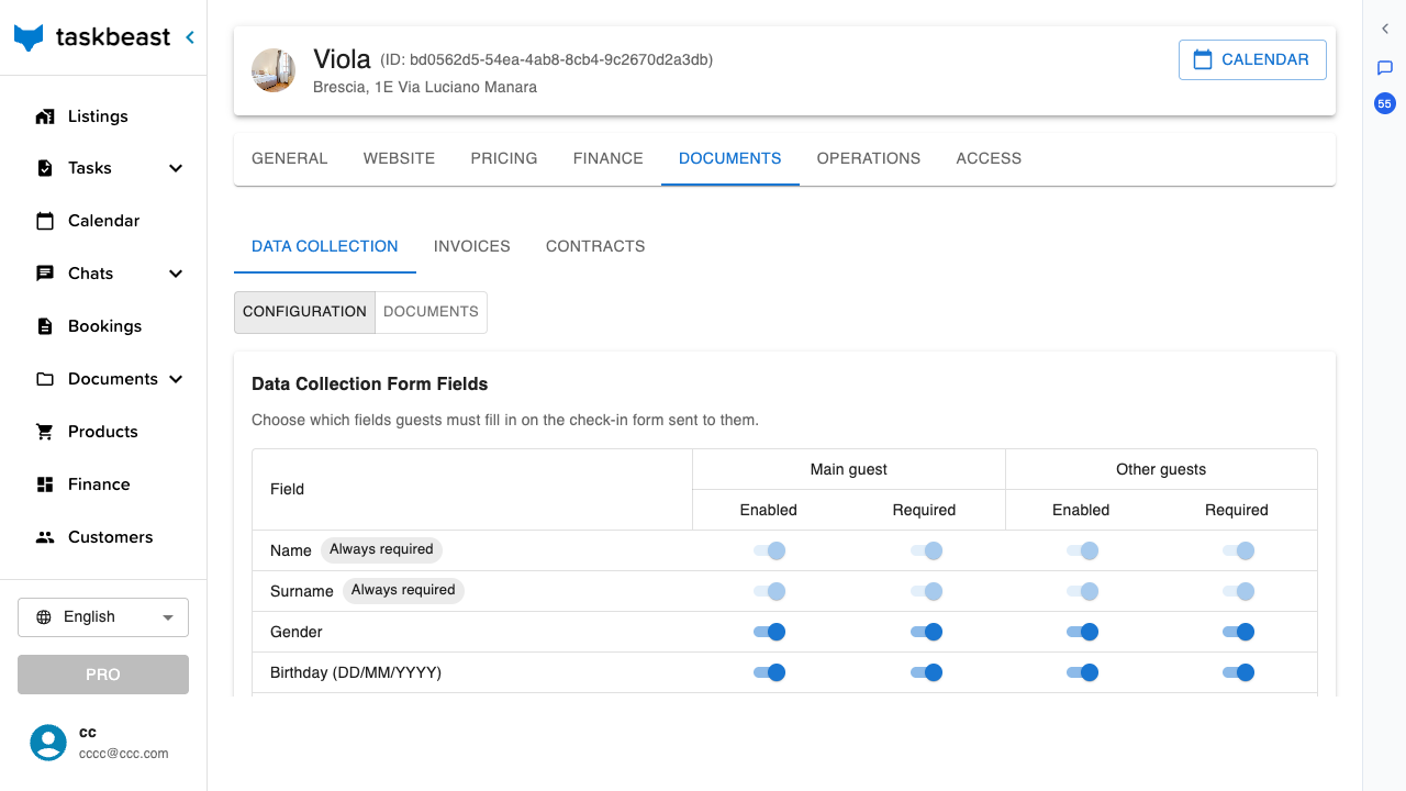 The Data Collection configuration showing per-field toggles for main guest and other guests