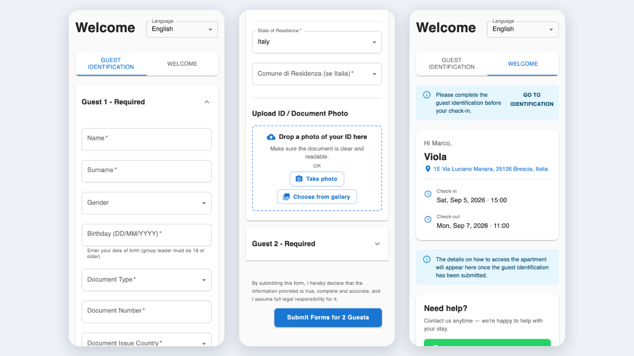 Three phone screens: the empty guest identification form, the ID upload and submit button, and the Welcome tab with the notice that access details appear after submitting