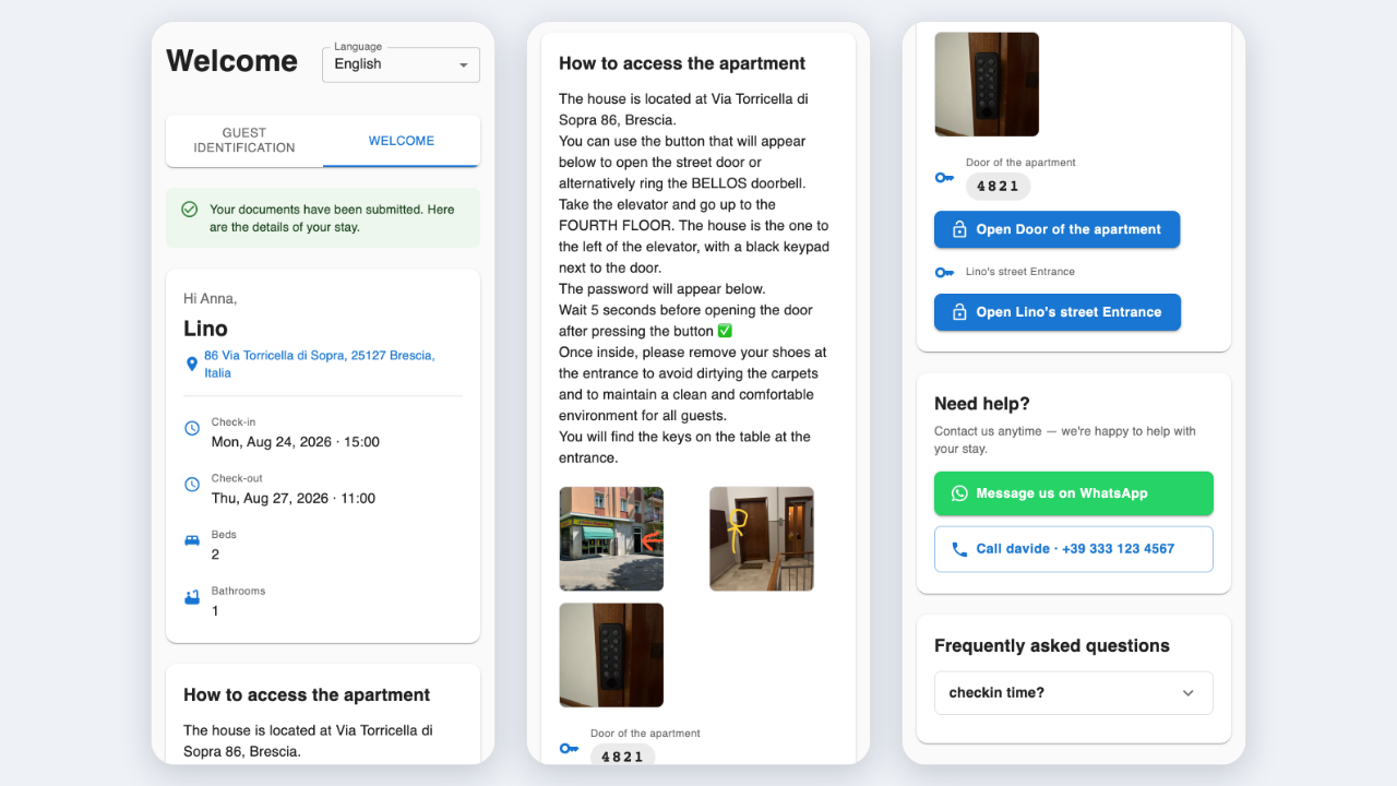 Three phone screens of the welcome page: the stay card with address and dates, the access instructions with photos, and the door password with Open door buttons, contacts and FAQ