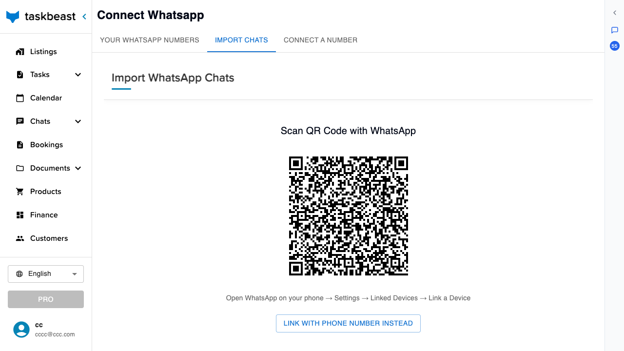 The Import Chats tab showing a QR code and the instruction to link a device from WhatsApp on the phone