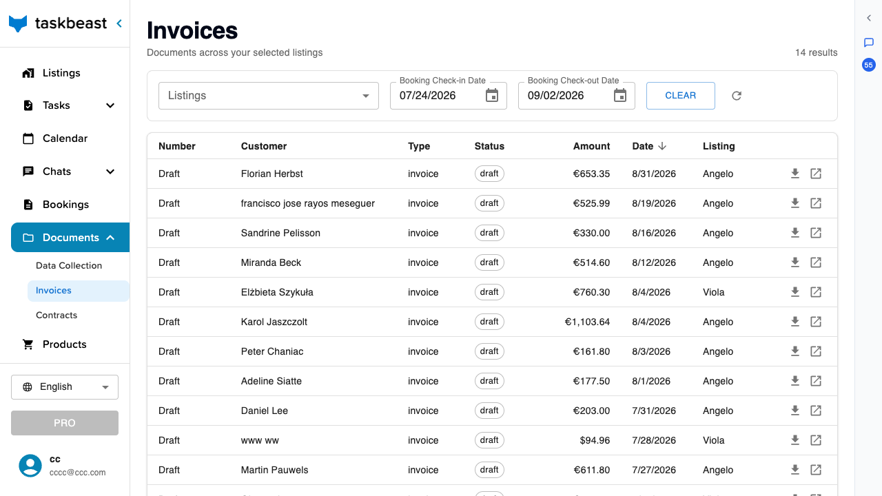 The Invoices page listing invoice drafts with customer, amount, date and listing columns