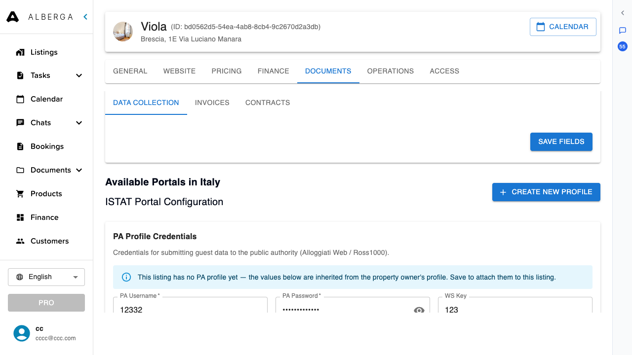 Configurazione delle credenziali per Alloggiati Web e il portale regionale in Alberga