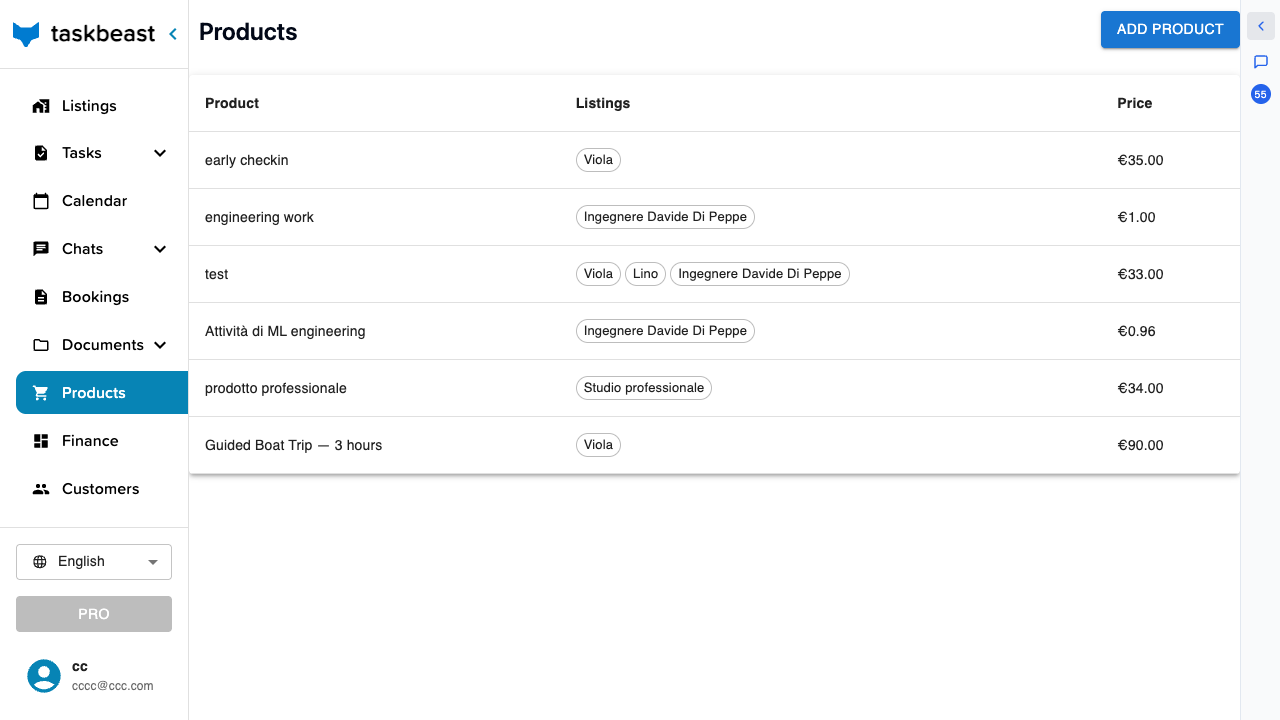 The Products page with the catalog table and the Add Product button
