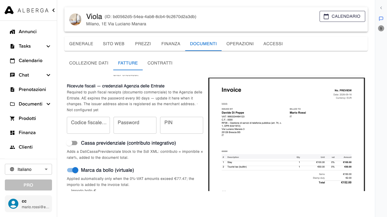 La sezione Ricevute fiscali della configurazione fatture con i campi codice fiscale, password e PIN dell’Agenzia delle Entrate