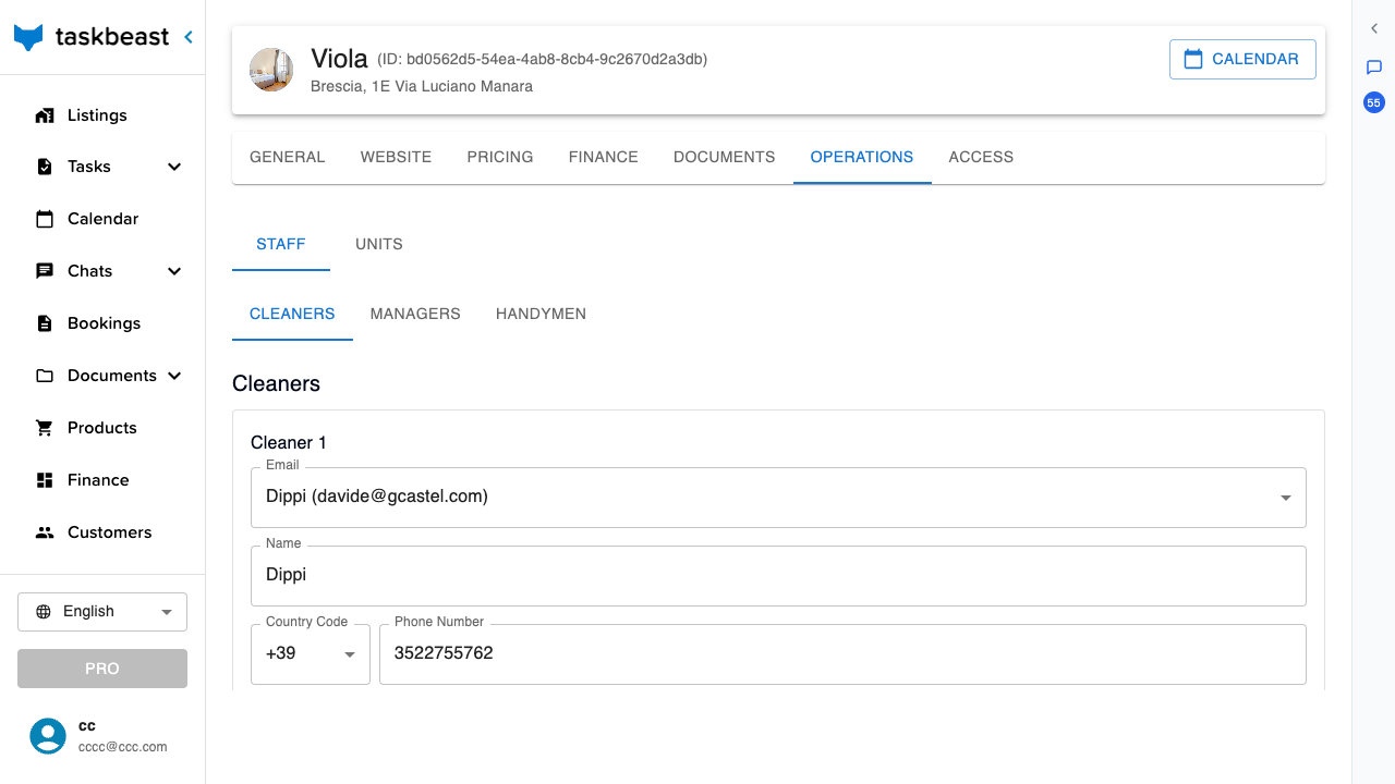 The Staff section of the Operations tab with the cleaner’s email picker, name and phone number fields