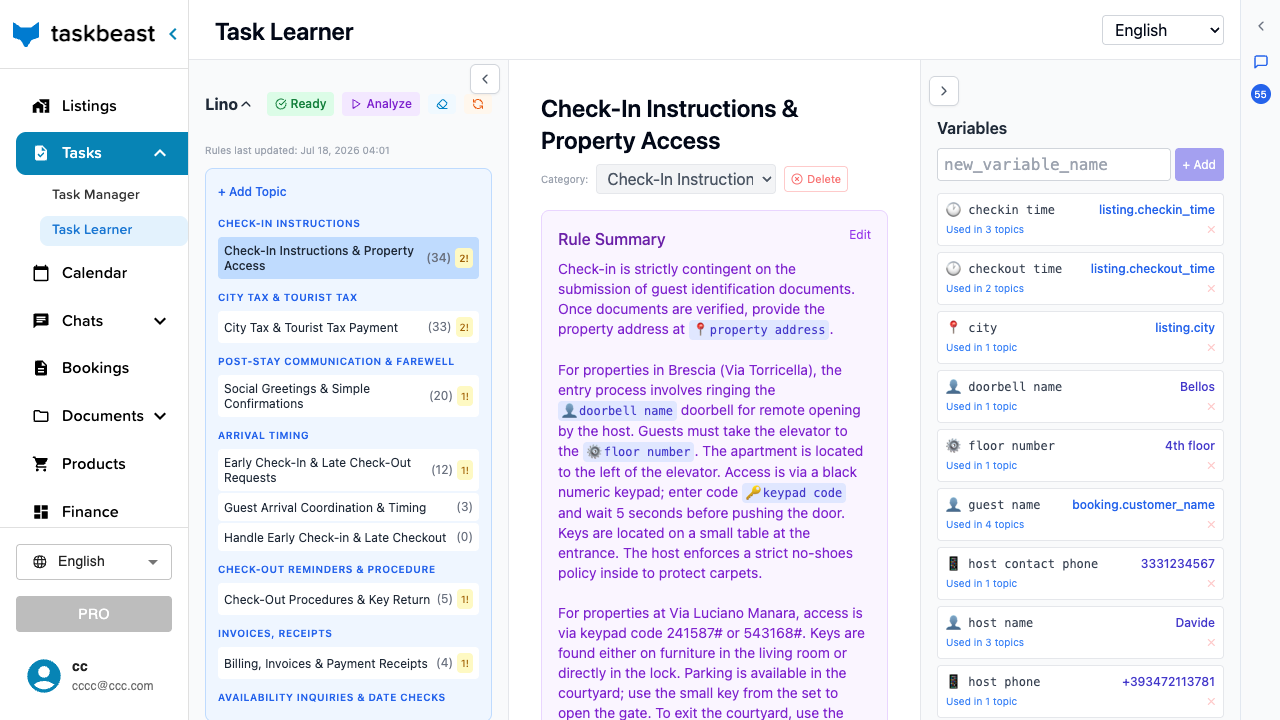 The Task Learner with the topic list on the left, the Rule Summary with variable chips in the middle, and the Variables panel on the right