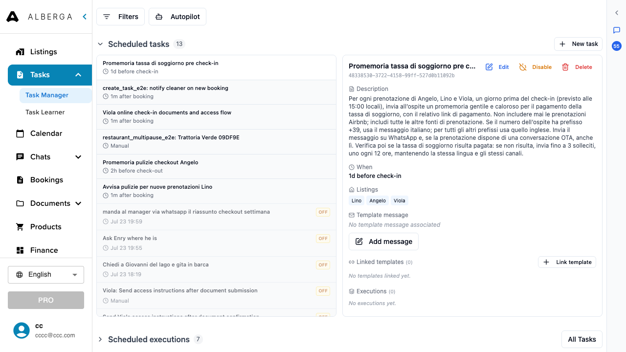 Gestione attività in Alberga con attività programmate per più appartamenti