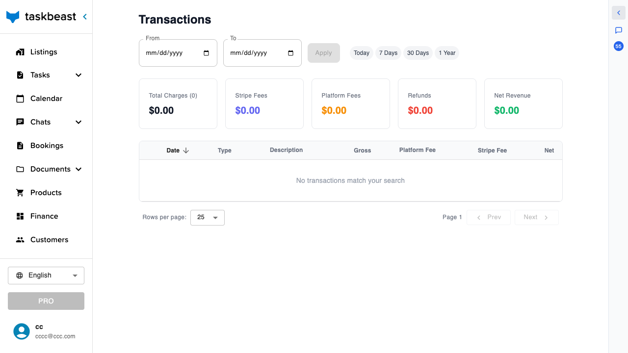 The Transactions page with date filters and five summary cards for charges, Stripe fees, platform fees, refunds and net revenue
