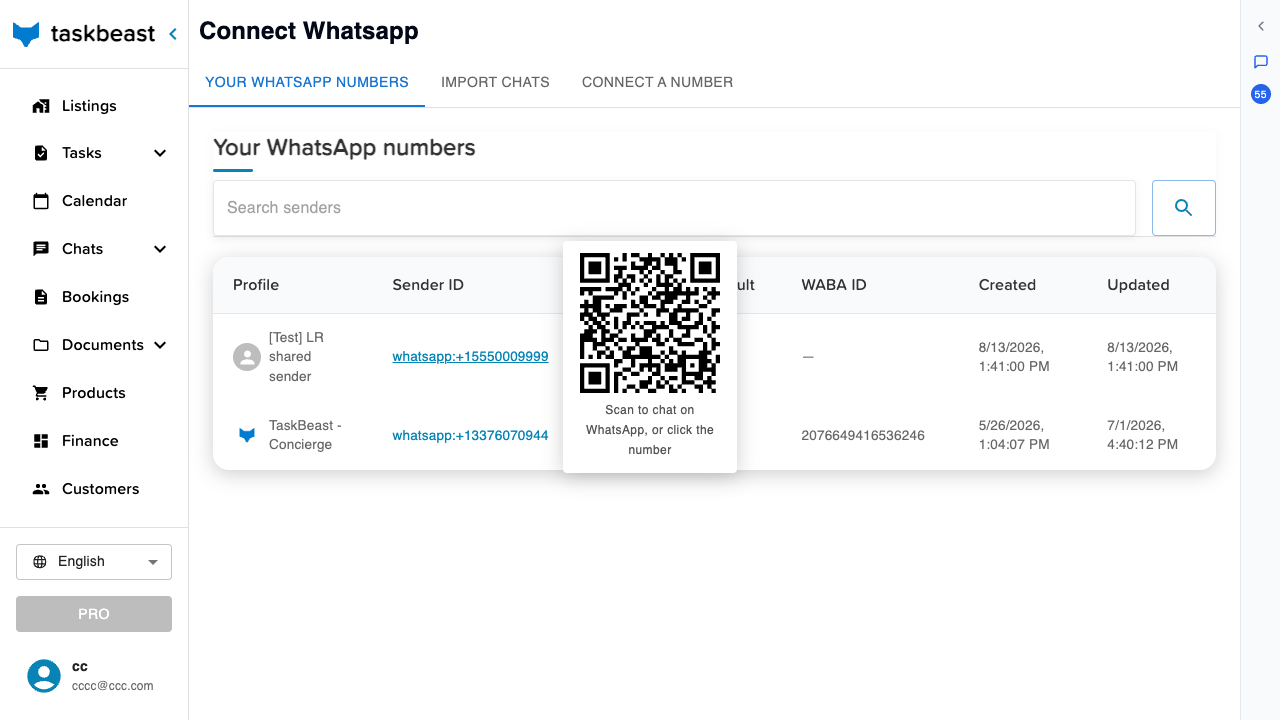 The WhatsApp senders page with a QR code tooltip over the sender ID, ready to scan to open the chat