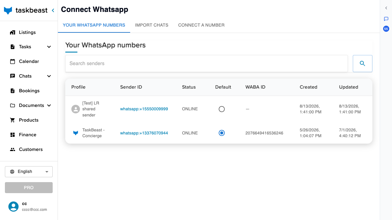 The WhatsApp senders page listing a shared sender and a dedicated number, with tabs for importing chats and connecting a number